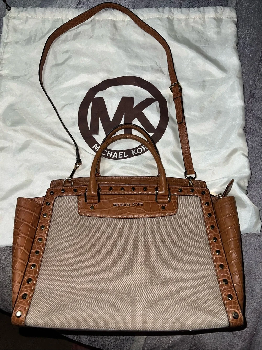 Michael Kors Studded Canvas & Croc-Embossed Satchel